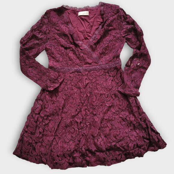 Altar'd State Calysta Burgundy Floral Lace Embroidered Long Sleeve Mini Dress M - Picture 3 of 7